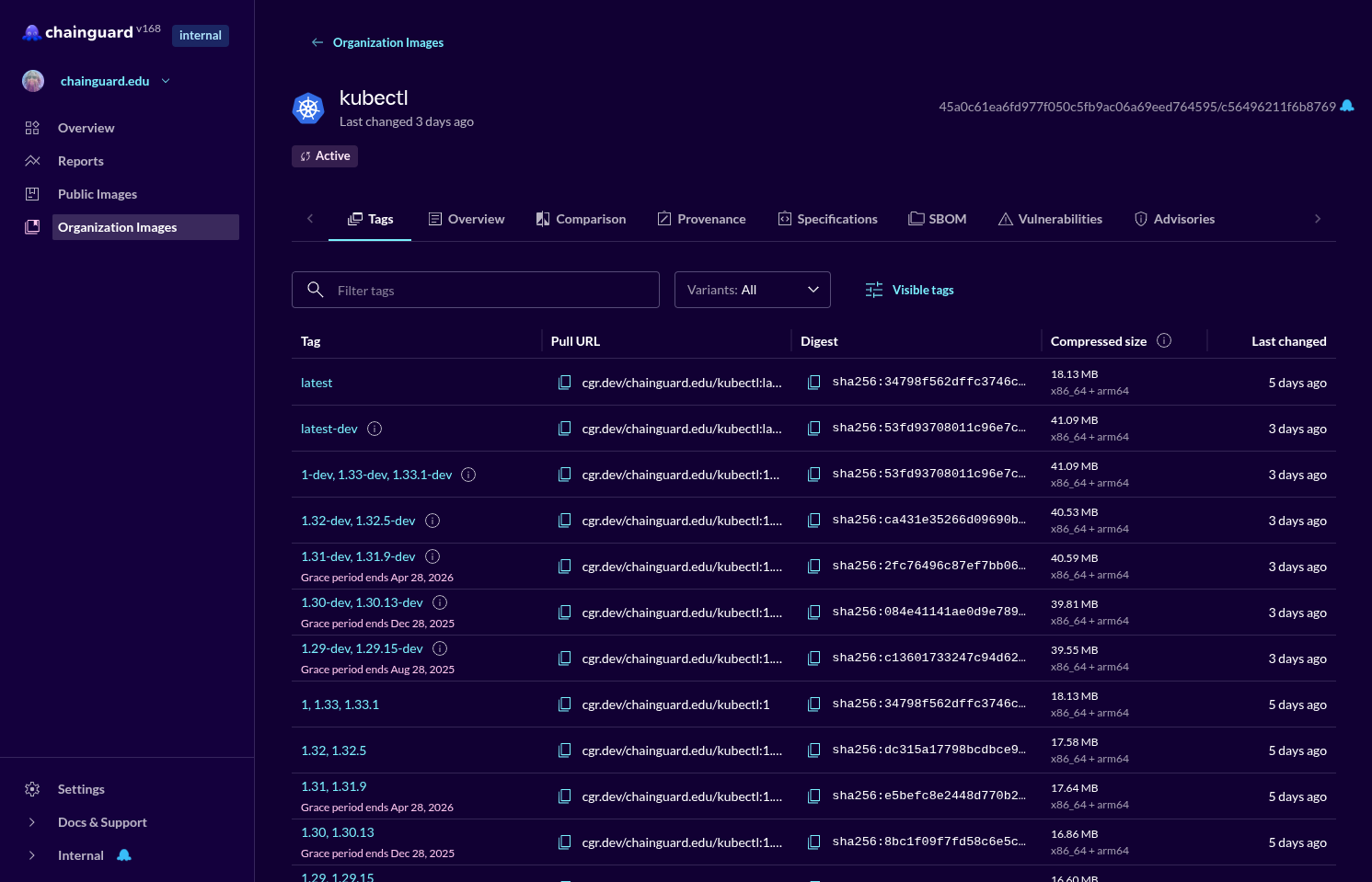 Screenshot showing the list of image versions for kubectl in the Console.